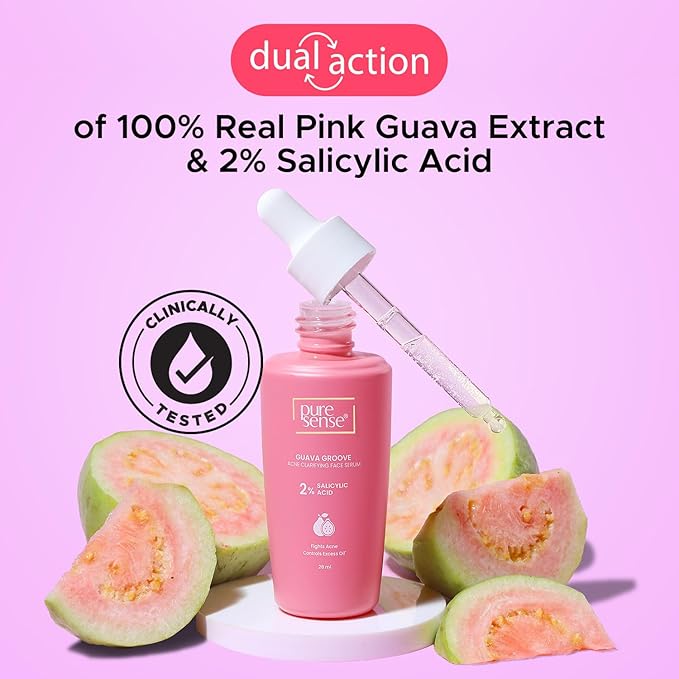 PureSense 2% Salicylic Acid Face Serum BHA Based Exfoliant Guava for Acne Prone Oily Skin for Men and Women 28ml